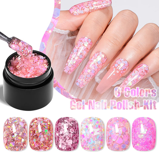 7pcs/set 8ml Sequins Gel Nail Polish Set Vibrant Pink Color Glitter Semi Permanent Soak Off UV LED Nail Art Varnish For Manicure