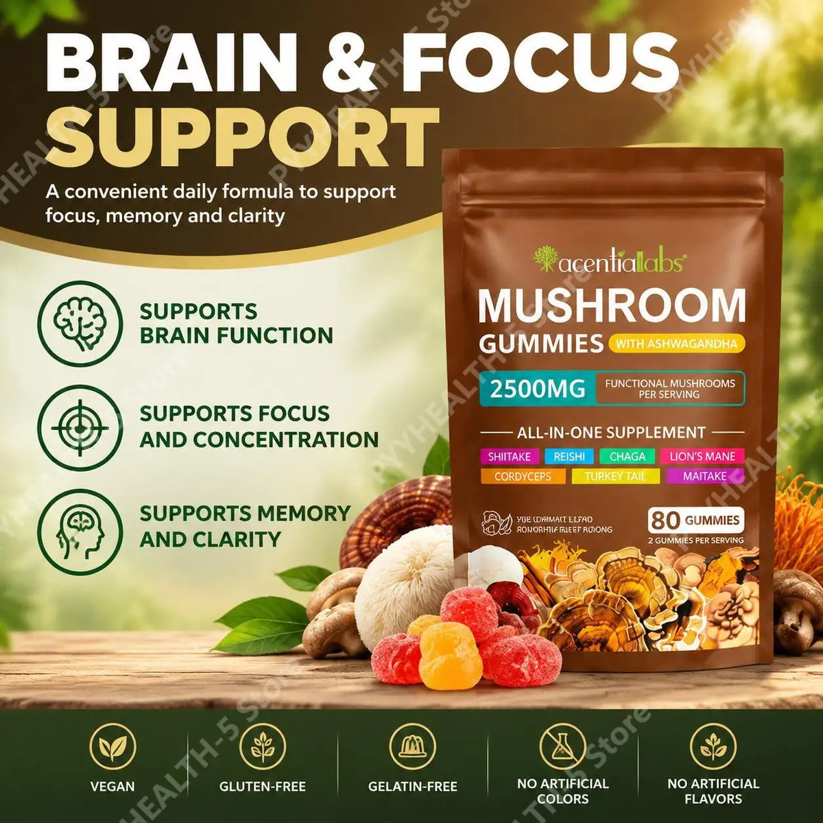 Mushroom Complex Gummies 2500mg Blend with Lion's Mane Reishi Chaga Cordyceps & Ashwagandha for Brain Focus Memory Clarity 80 Ct