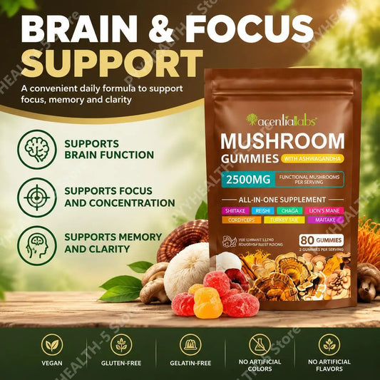 Mushroom Complex Gummies 2500mg Blend with Lion's Mane Reishi Chaga Cordyceps & Ashwagandha for Brain Focus Memory Clarity 80 Ct
