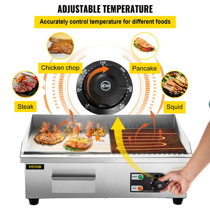 SucceBuy 14"-22" Electric Countertop Griddle Teppanyaki Grill 1600W/3200W Stainless Steel Flat Top Grills for Pancake Chicken - Merit Sell