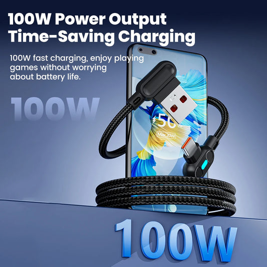 100W USB To Type C Fast Charging Cable 90° Double Elbow Bend Mobile Game Fast Charging Cable For Xiaomi Huawei With LED 0.25m/1m