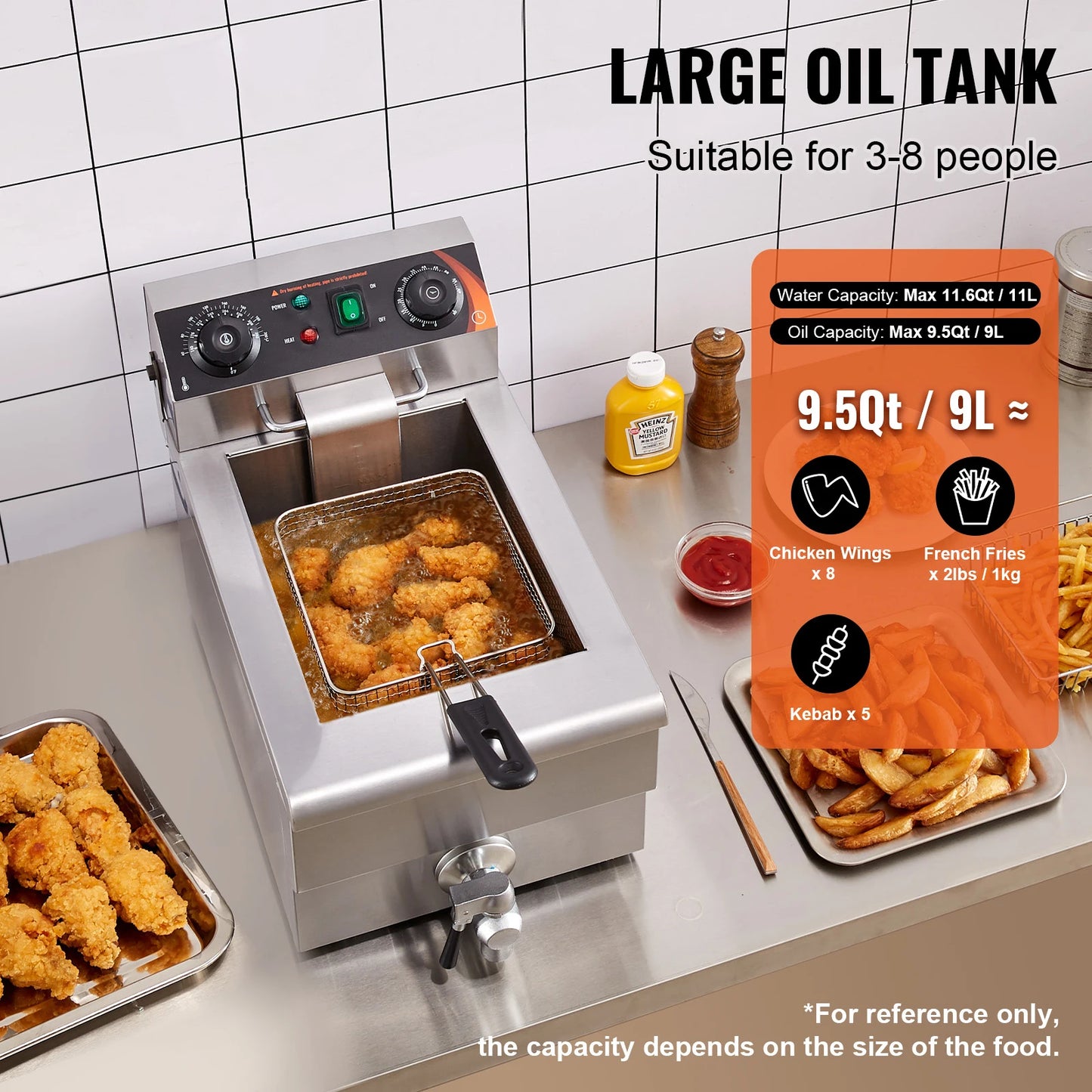 VEVOR Commercial Deep Fryer Electric Countertop Fryer with Basket 11.6Qt Stainless Steel Single Oil Fryer w/Time & Temp Control