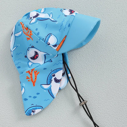 Toddler Baby Boys 3Pcs Swimsuits Rash Guard Beachwear Shark Print Long Sleeve Zip Up Tops+Swim Trunks with Cap Bathing Suit