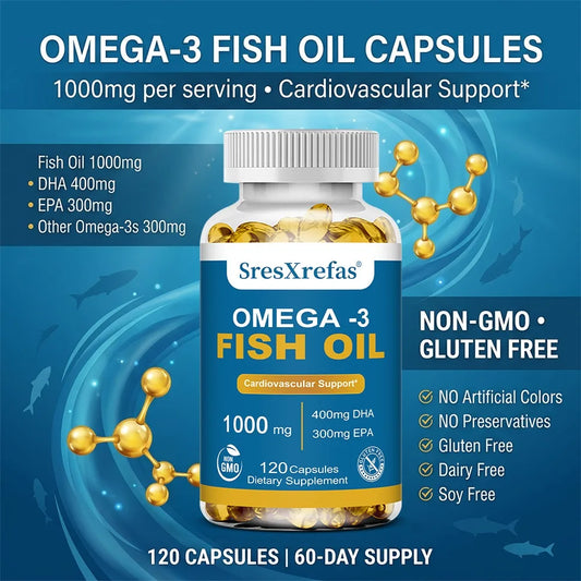 Fish Oil 1000 Mg  | Omega 3 + EPA & DHA | Brain Heart Joints Skin and Immune Support | 120 Count Non-GMO Softgels Supplements
