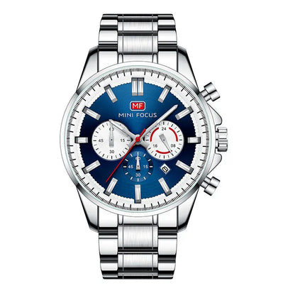 MINI FOCUS Chronograph Quartz Watch Men Silver Blue Waterproof Luminous Dress Wristwatch with Date Stainless Steel Strap 0469