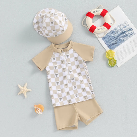 Toddler Baby Boys 3Pcs Swimsuits Rash Guard Beachwear Shark Print Long Sleeve Zip Up Tops+Swim Trunks with Cap Bathing Suit