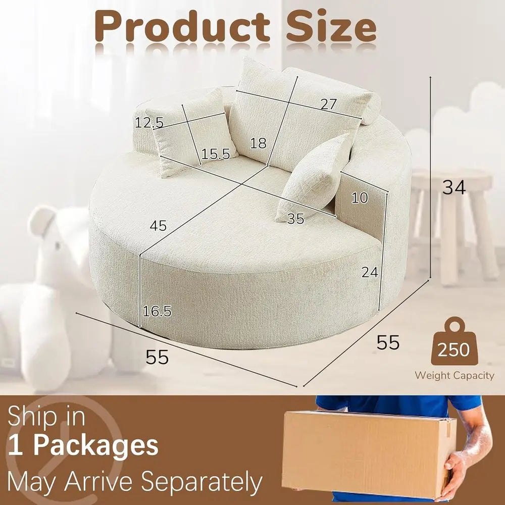 Oversized 55 Round Chenille Chaise Lounge Chair - Single Cloud Sofa, Sleeper for Living Room, Bedroom, and Projection Rooms, No