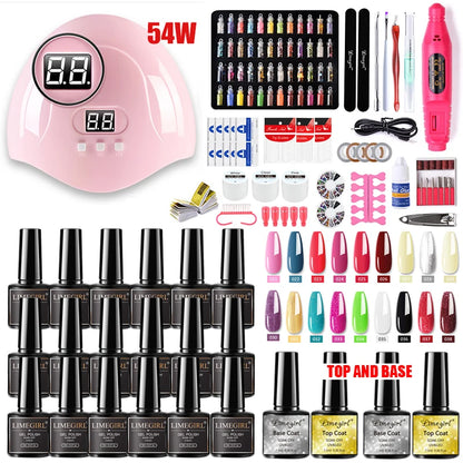 Limegirl Nail Set Nail Gel Tools Kit 54W Nail Lamp 18/12/7 Colors UV Gel Nail Polish Kit Contains Nail Drill Machine Nail Kit