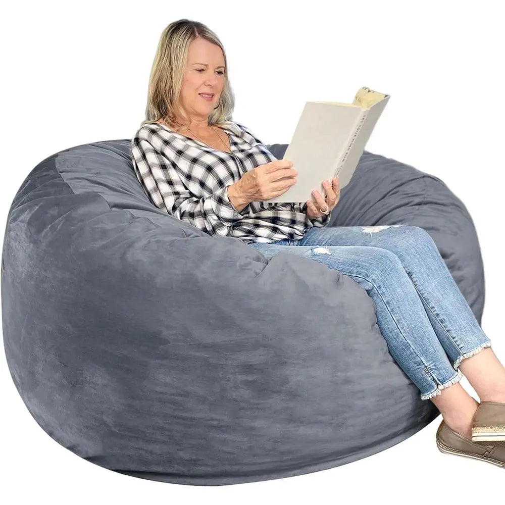 Adult-Sized 3-Foot Memory Foam Bean Bag Chair in Grey Velvet with Pull Handle and Side Pockets
