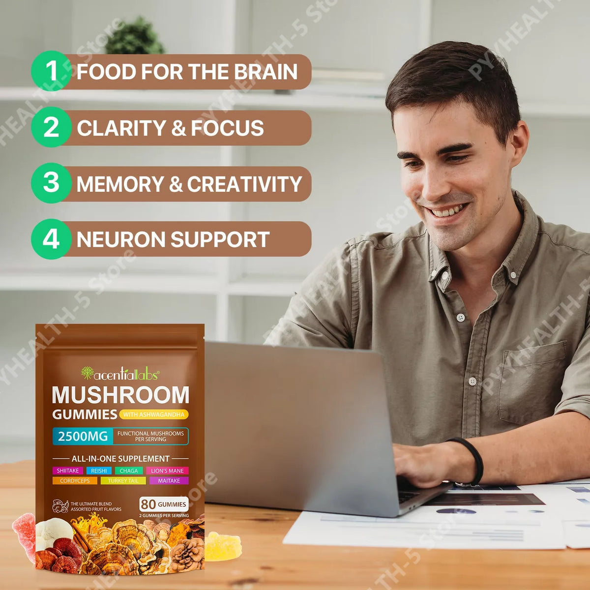 Mushroom Complex Gummies 2500mg Blend with Lion's Mane Reishi Chaga Cordyceps & Ashwagandha for Brain Focus Memory Clarity 80 Ct