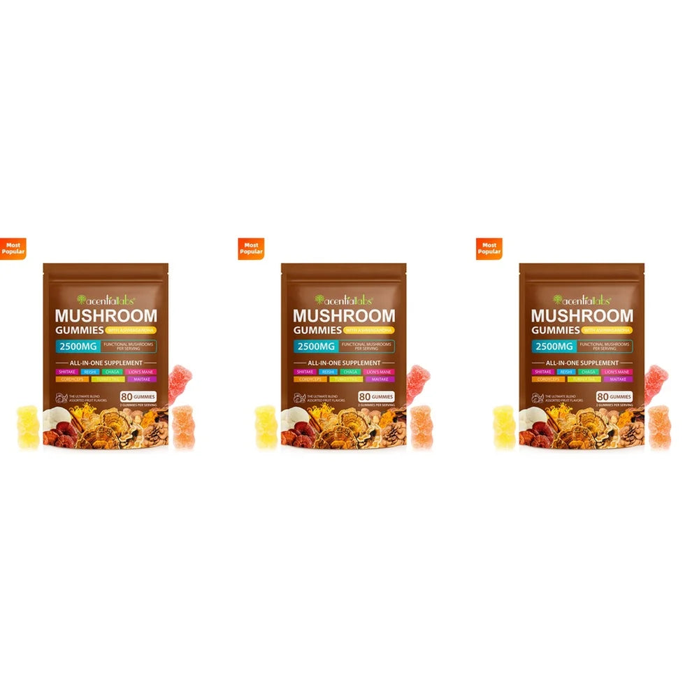 Mushroom Complex Gummies 2500mg Blend with Lion's Mane Reishi Chaga Cordyceps & Ashwagandha for Brain Focus Memory Clarity 80 Ct
