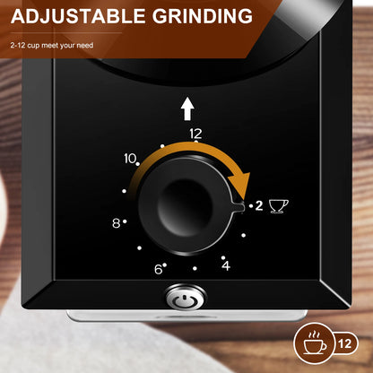Electric burr coffee grinder with adjustable grinding dial for 2 to 12 cups setting