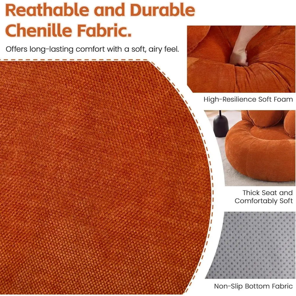 Oversized Round Sofa Chair in Orange Chenille, Deep Seated Cloud Couch, Bean Bag Accent Chair for Living and Bedroom