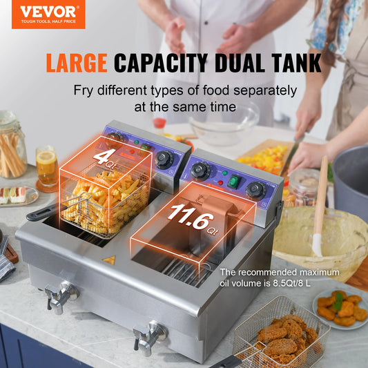 VEVOR  12L 5000W Electric Deep Fryer w/Dual Removable Tanks Commercial Countertop  Fryer for Chicken French Fries Frying Chips
