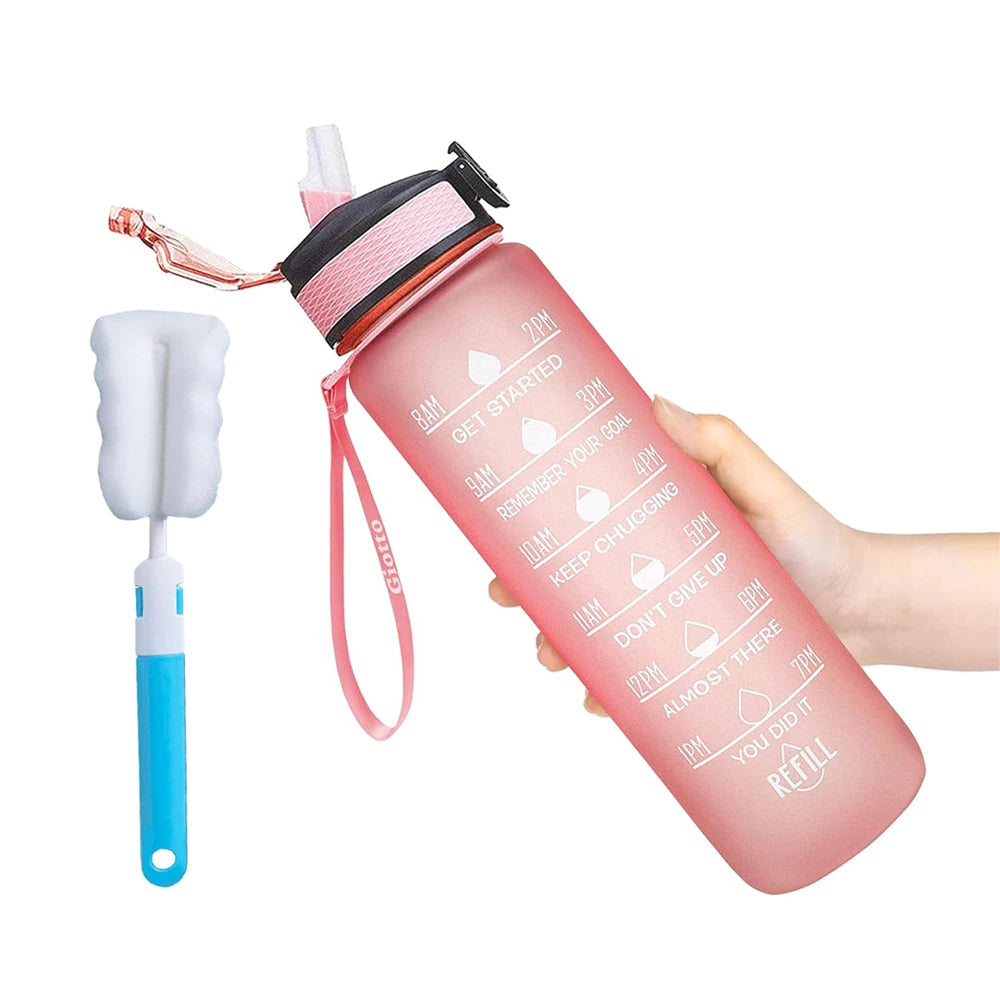 32 oz Drinking Water Bottle with Times to Drink and Straw, Motivational with Carrying Strap, Leakproof BPA & Toxic Free