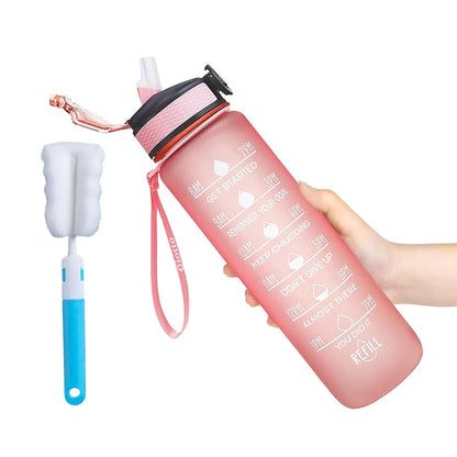 32 oz Drinking Water Bottle with Times to Drink and Straw, Motivational with Carrying Strap, Leakproof BPA & Toxic Free