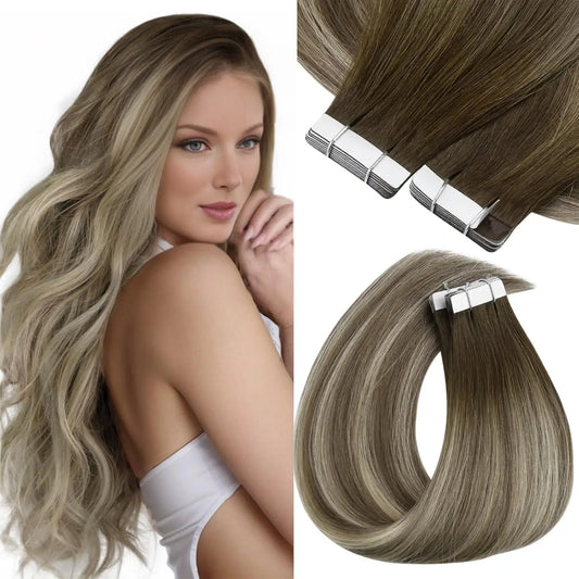 VeSunny Tape in Hair Extensions Human Hair Brown Balayage Cool Brown Fading to Ash Brown with Blonde Long Hair Extensions