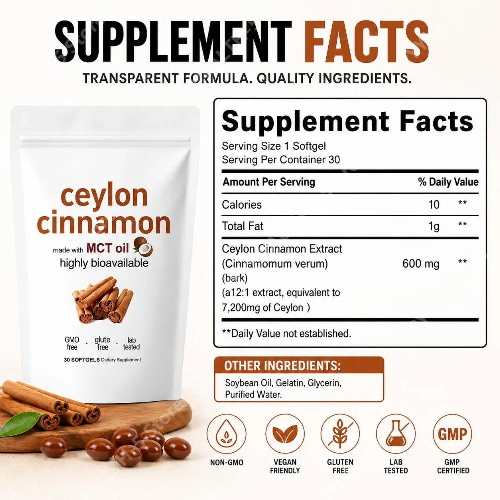 Ceylon Cinnamon Softgels, 600 Mg Ceylon Cinnamon Extract (12:1) for Glucose Metabolism Support and Lipid Balance, 30 Softgels