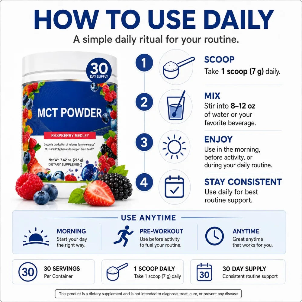 MCT Powder Raspberry Medley Drink Mix, D-Ribose 5000mg, Acetyl-L-Carnitine 500mg, Polyphenol Blend 300mg, 30 Servings 216g