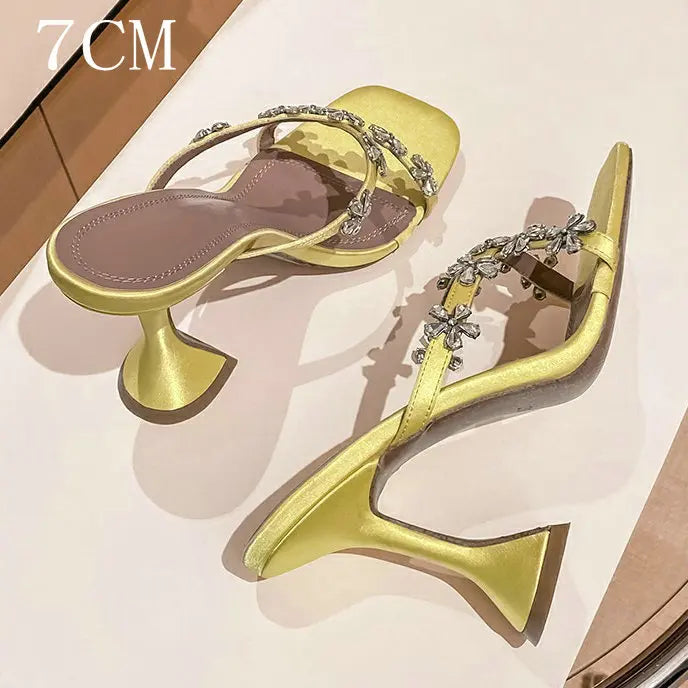 2024 New Summer Silver High Heels Women'S Crystal Flower Slippers Summer Beach Shoes