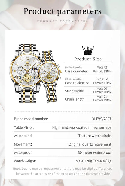 OLEVS Top Brand Couple Watches Stainless Steel Waterpoof Chronograph Moon Phase Flywheel Design Lover's Wristwatch for Men Women