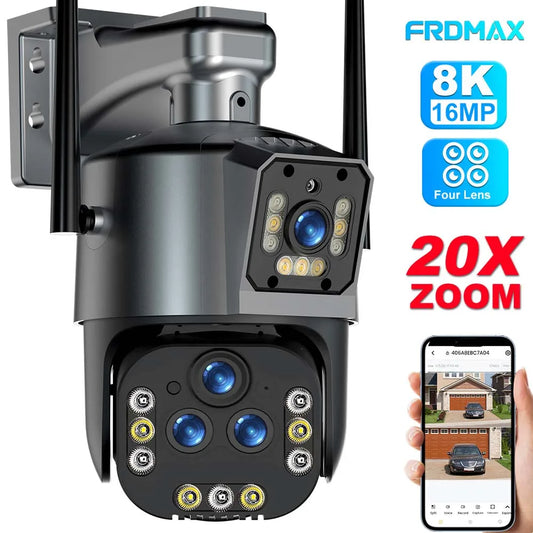 16MP 8K Wifi IP Camera 20X Zoom Outdoor Wireless Security Camera 4K Four Lens PTZ Cam Smart Home CCTV Wifi Surveillance Cameras