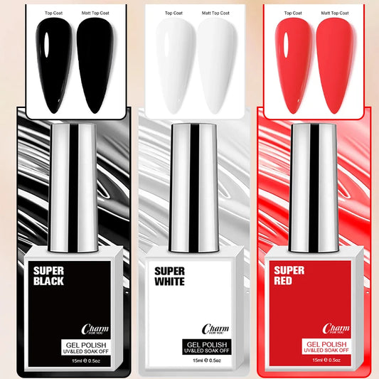 15ml Classic Gel Nail Polish, Vibrant Black, White Red Shades Varnish Easy Soak Off UV LED Nail Gel for Home Salon & DIY Nail Art