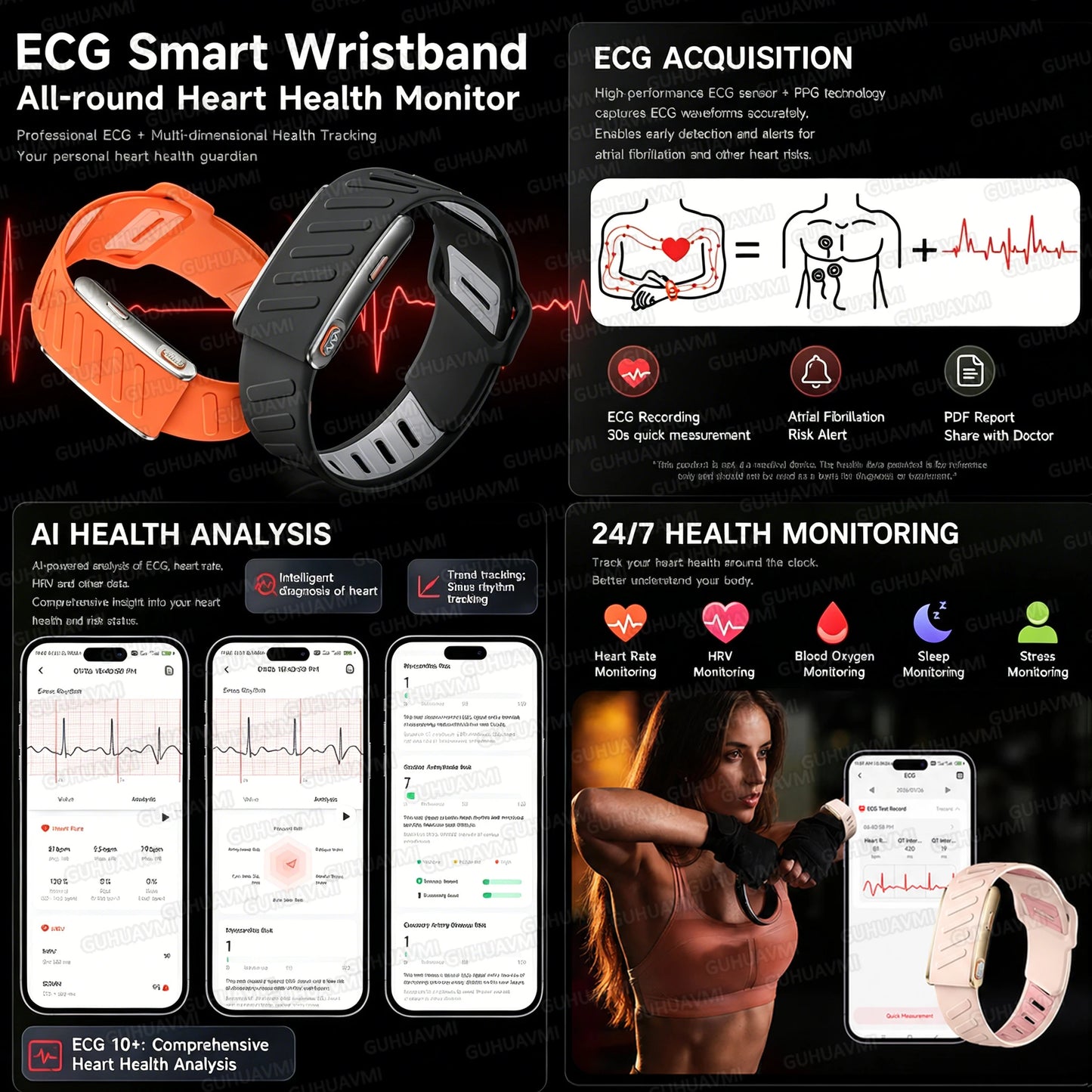 Smart Fitness Bracelet ECG HRV 24H Heart Rate SpO2 Monitor 120+Sports Modes Long Standby Health Tracking Wristband For Adults