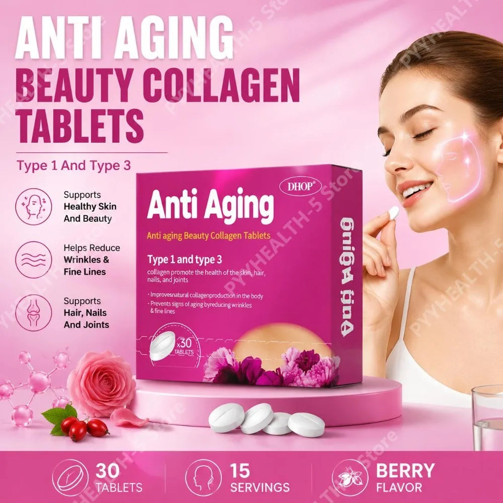 Collagen Tablets with Hyaluronic Acid Sodium Vitamins C and E Support Skin, Hair, Nails, and Joint Health 30 Tablets