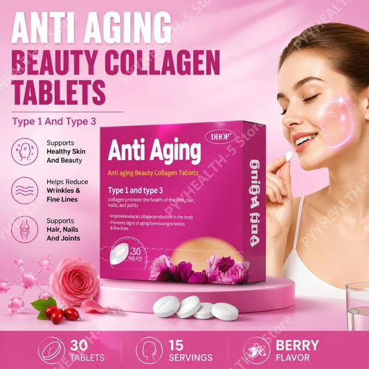 Collagen Tablets with Hyaluronic Acid Sodium Vitamins C and E Support Skin, Hair, Nails, and Joint Health 30 Tablets