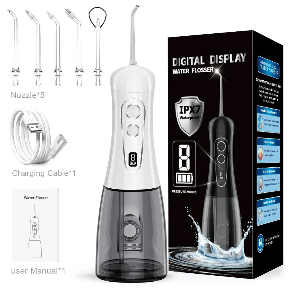 Electric Oral Irrigator 8 Modes Portable Water Flosser Rechargeable Waterproof Mouth Washing Machine 5 Jet Tips 400ML Water Tank