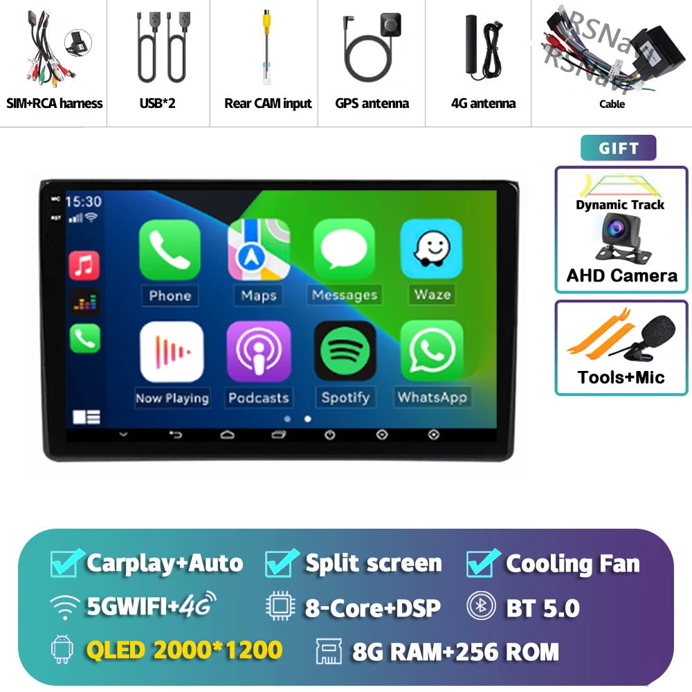 Android 14 Carplay Auto 2K Screen Car Radio Multimedia Player For Audi A4 2 3 B6 B7 S4 RS4 2000-2009 Autoradio Stereo Head Unit