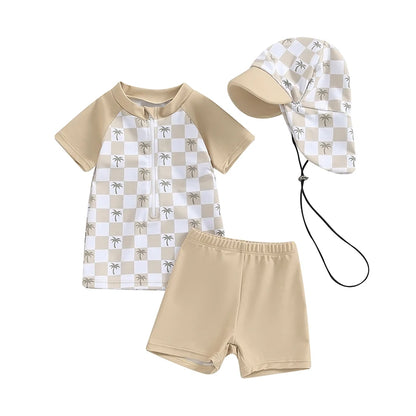 Toddler Baby Boys 3Pcs Swimsuits Rash Guard Beachwear Shark Print Long Sleeve Zip Up Tops+Swim Trunks with Cap Bathing Suit