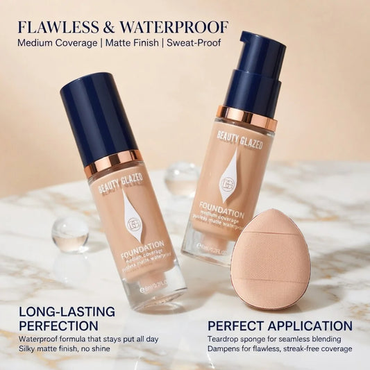 Face Foundation Makeup Set:2 Matte Foundation+1 Puff,Full Coverage,5 Shades,For All Skin Types,Long-Lasting Waterproof,Mini Size