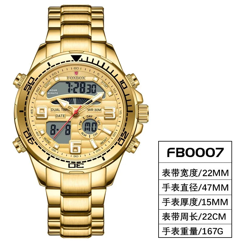 Luxury Man Watch LED Dual Display Luminous Calendar Week Mens Watch Waterproof Stainless Steel Chronograph Quartz Men Watches