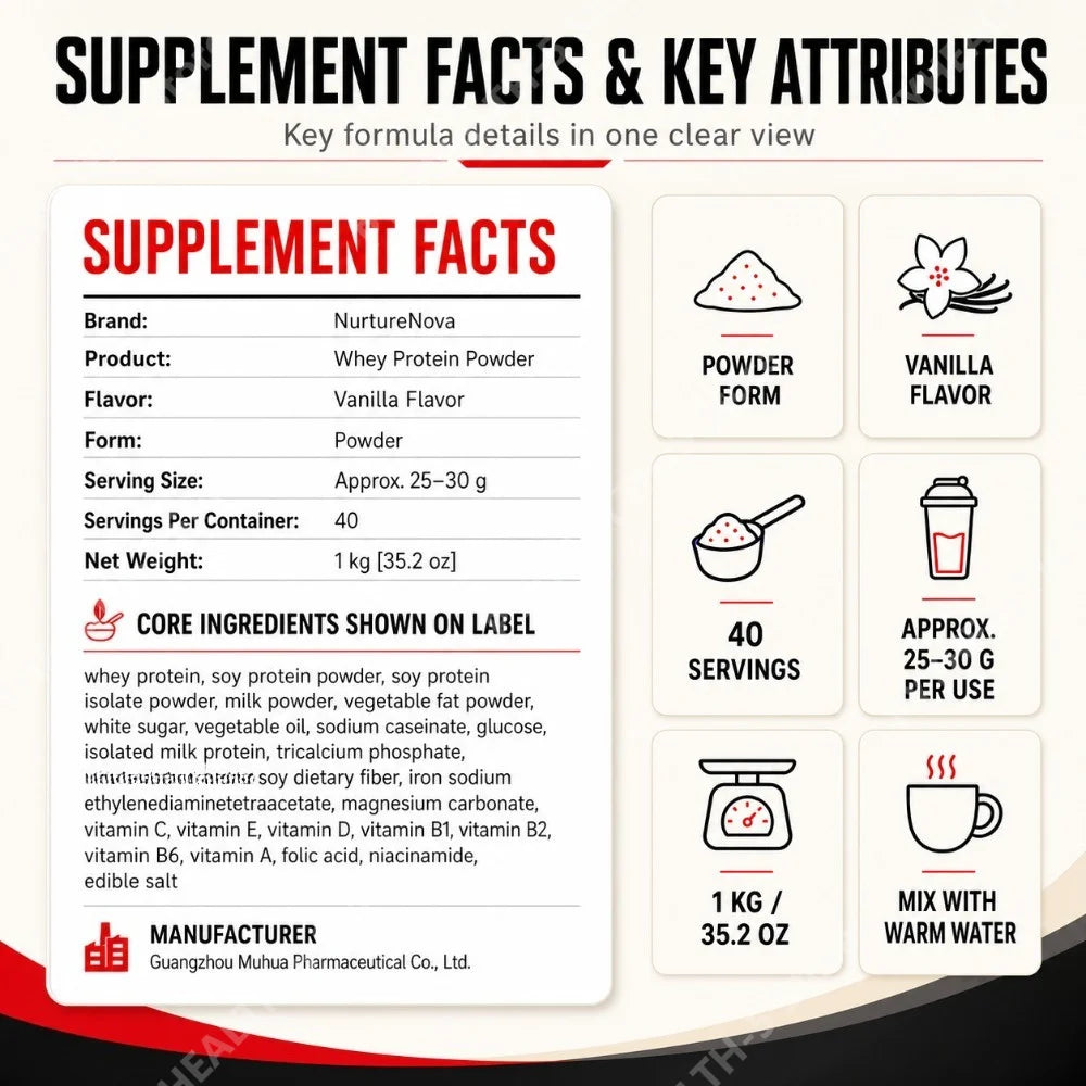 NurtureNova Whey Protein Powder Build Muscle Muscle Recovery Sports Vanilla Flavor Whey Protein Powder 40 Servings 1kg (35.2oz)