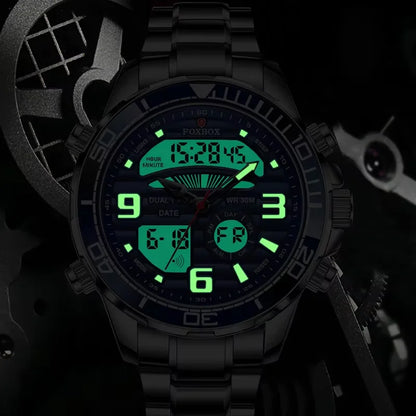 Luxury Man Watch LED Dual Display Luminous Calendar Week Mens Watch Waterproof Stainless Steel Chronograph Quartz Men Watches