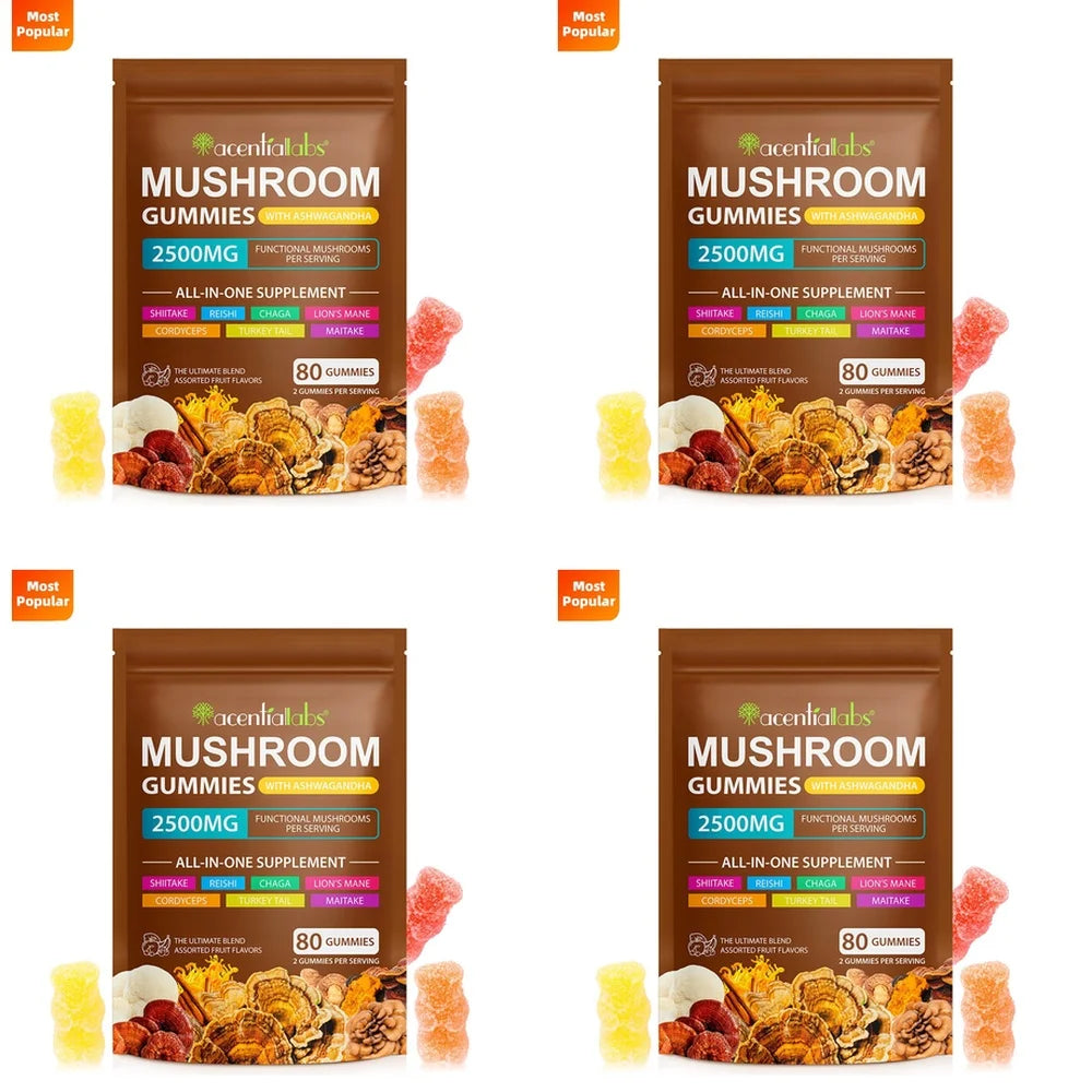 Mushroom Complex Gummies 2500mg Blend with Lion's Mane Reishi Chaga Cordyceps & Ashwagandha for Brain Focus Memory Clarity 80 Ct
