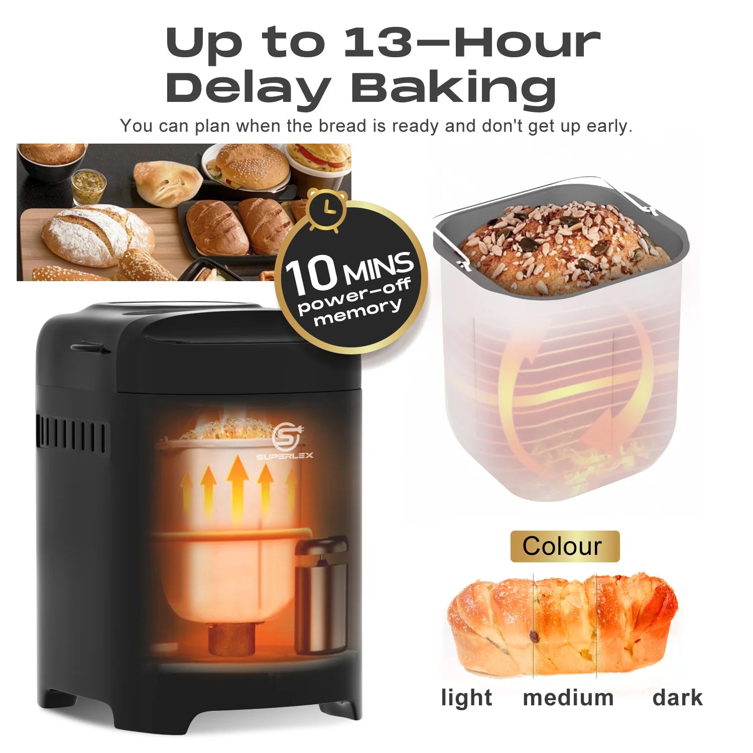 SUPERLEX 550W Power Bread Maker Multi Functions 11 Programs 3 Browing Levels Easy to Use Suitable Family 2026 Bread Machines