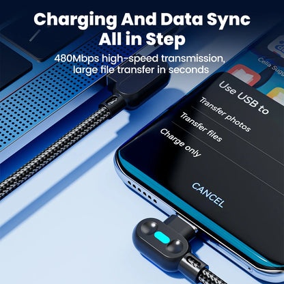100W USB To Type C Fast Charging Cable 90° Double Elbow Bend Mobile Game Fast Charging Cable For Xiaomi Huawei With LED 0.25m/1m