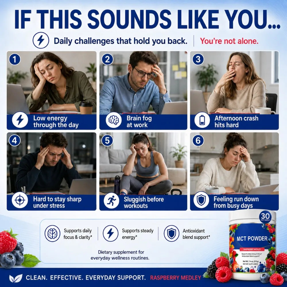 MCT Powder Raspberry Medley Drink Mix, D-Ribose 5000mg, Acetyl-L-Carnitine 500mg, Polyphenol Blend 300mg, 30 Servings 216g