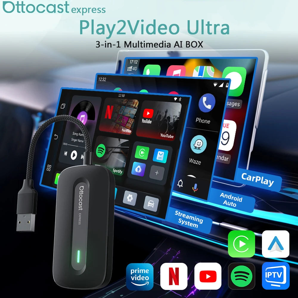 Ottocast New Play2Video Pro Ai Box Wireless CarPlay Android Auto Adapter Built in Youtube Netflix for Car with Wired Carplay