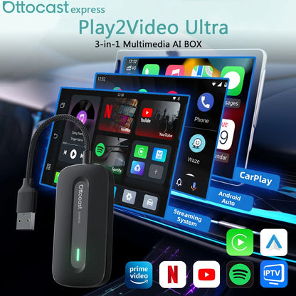Ottocast New Play2Video Pro Ai Box Wireless CarPlay Android Auto Adapter Built in Youtube Netflix for Car with Wired Carplay