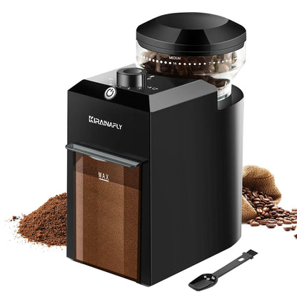 Merit Sell electric burr coffee grinder in black with adjustable settings and detachable container