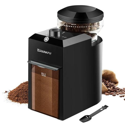 Merit Sell electric burr coffee grinder in black with adjustable settings and detachable container