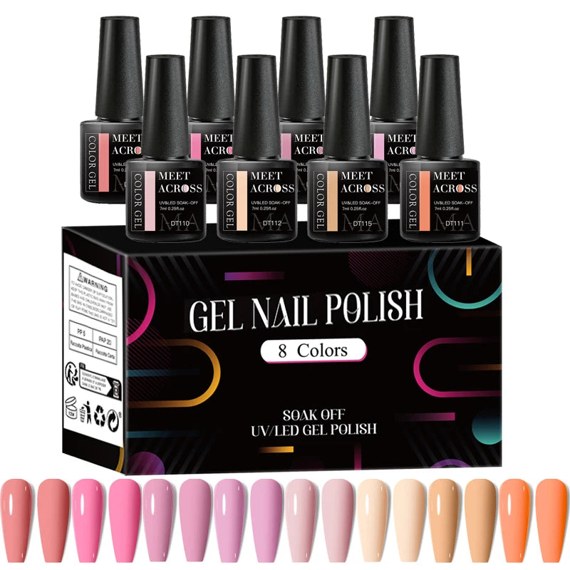 MEET ACROSS 8Pcs/Set Red Pink Gel Nail Polish Spring Colorful Laser Nail Art Gel Varnish Nail Supplies Manicure For Nails