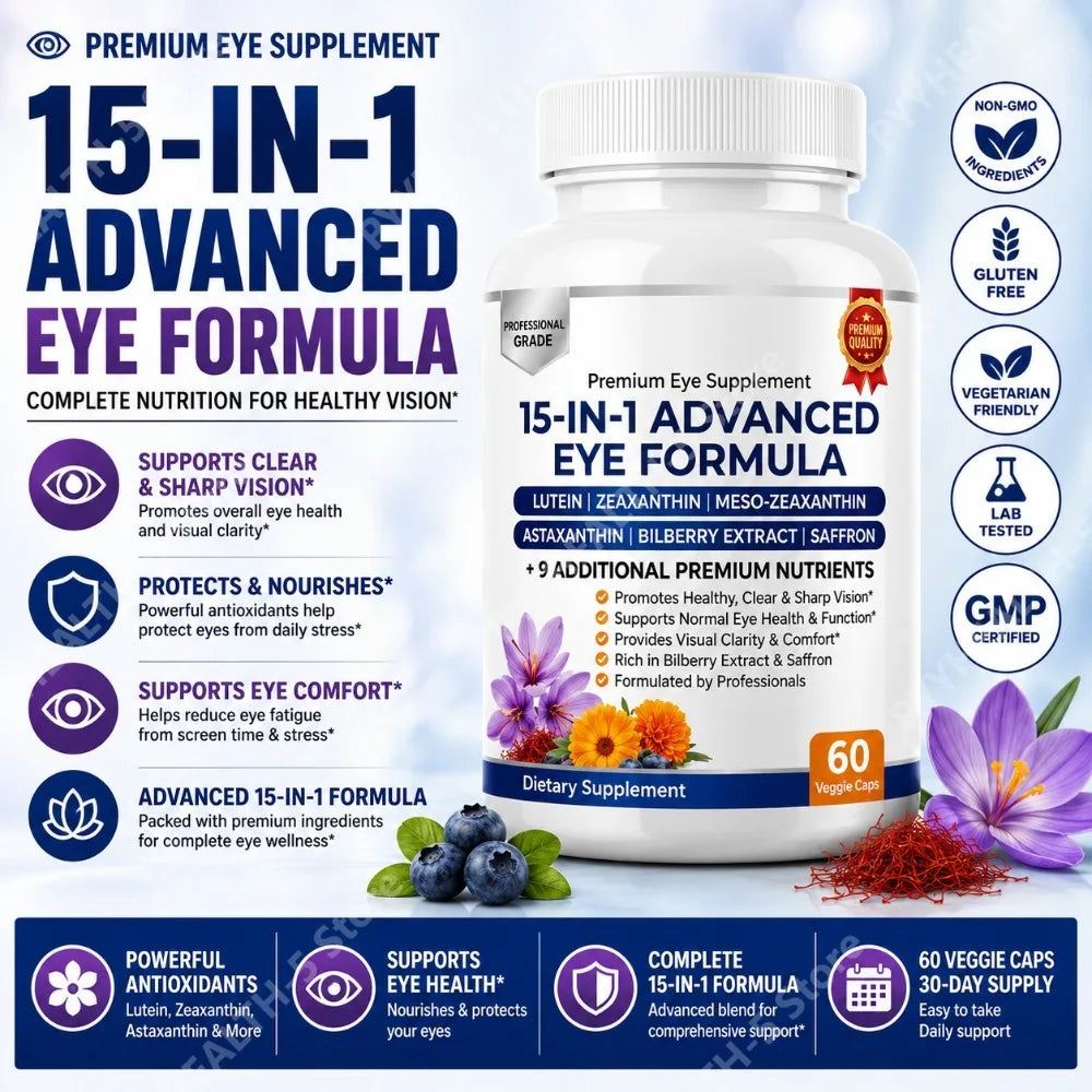 Lutein Zeaxanthin Astaxanthin Capsules with Bilberry Saffron, Daily Eye Nutrition Supplement for Adults, 60 Veg Capsules