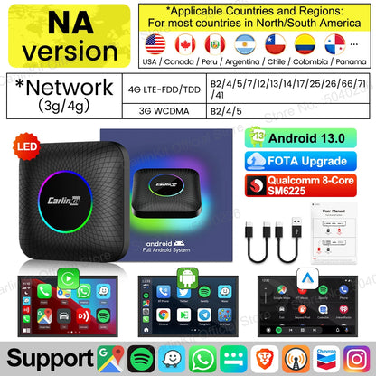 CarlinKit Android 13 SDM660 6225 CarPlay Ai Box LED 8-Cores Wireless Android Auto& CarPlay Car USB Adapter 64G 128G FOTA Upgrade