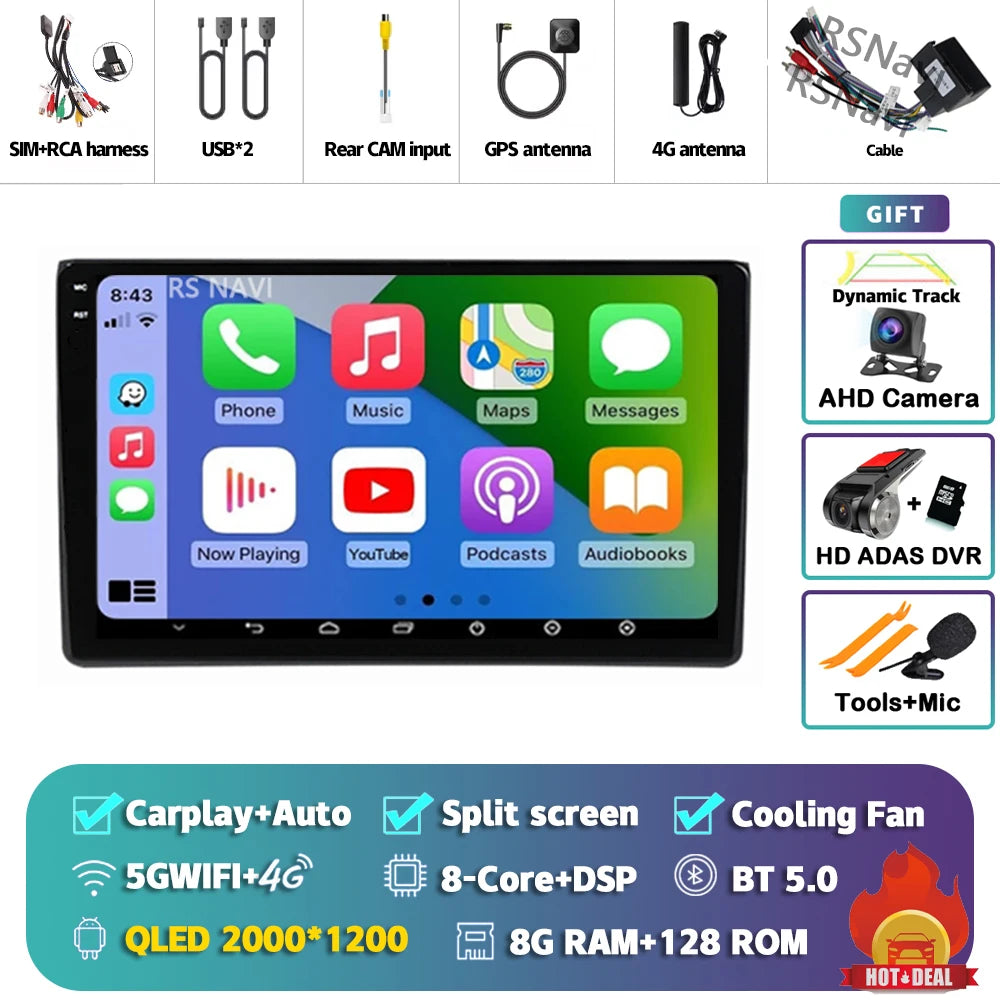 Android 14 Carplay Auto 2K Screen Car Radio Multimedia Player For Audi A4 2 3 B6 B7 S4 RS4 2000-2009 Autoradio Stereo Head Unit