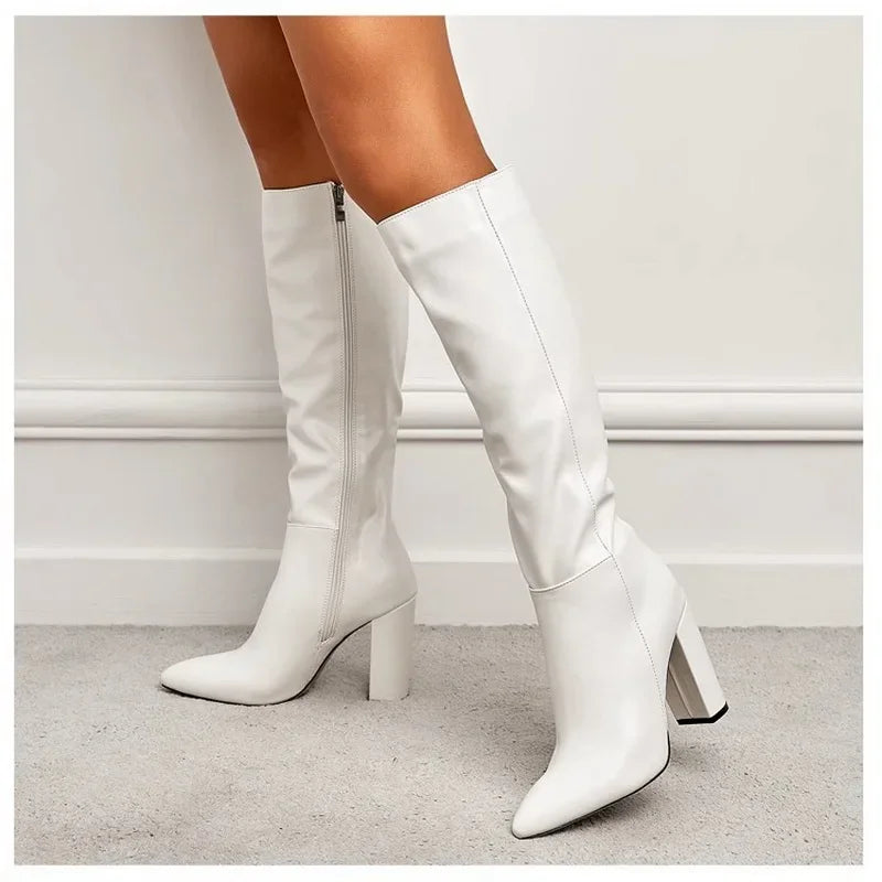 Sexy Pointed Toe Side Long Zipper Knight Boots Fashion Soft Leather Knee-high Women Boot Square High-heeledclub Dance Party Shoe - Merit Sell